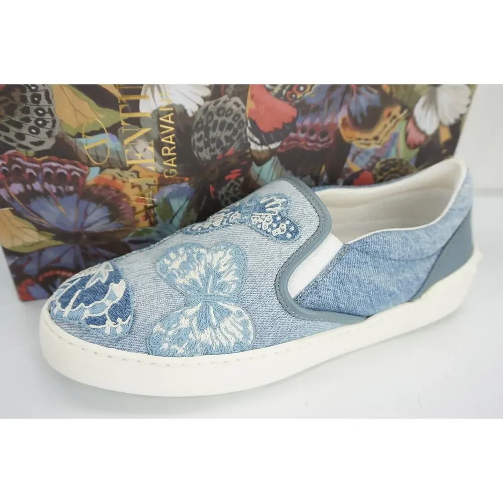 Valentino Denim Butterfly Skater Sneaker SZ 38.5 Slip On Flat NIB $945